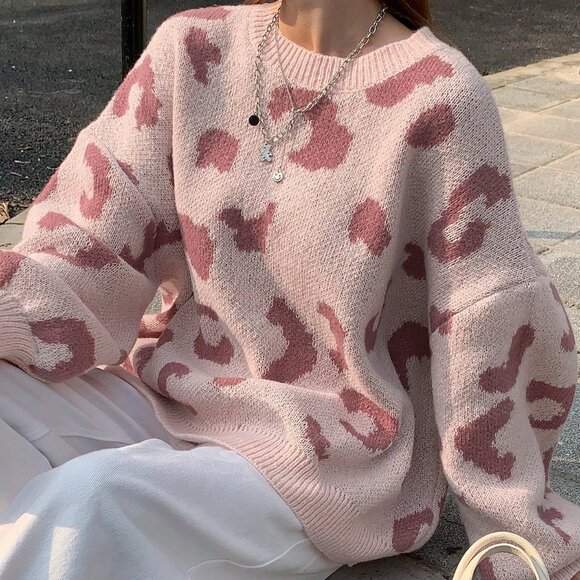 Casual Women's Multicolor Loose Fit Leopard Sweater - Picture 3 of 8